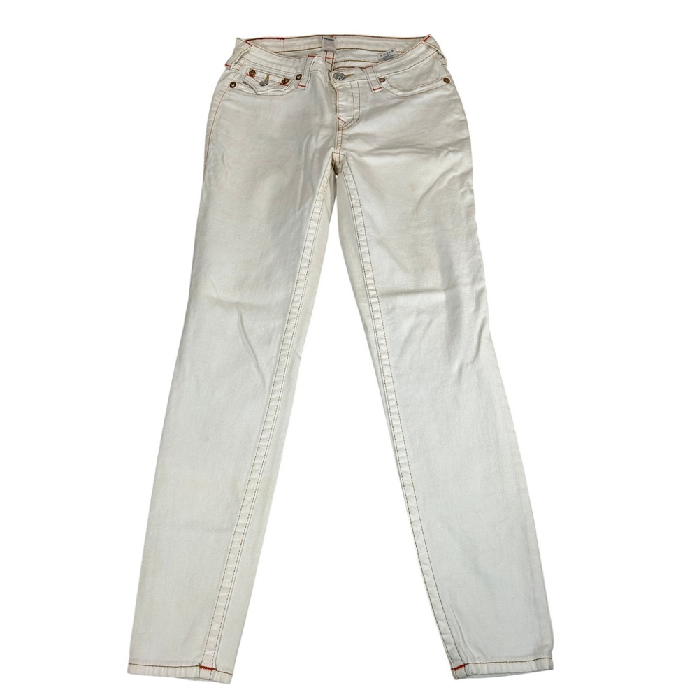 True Religion Womens White Contrast Stitch Curvy Skinny Jeans Low Rise Size 26